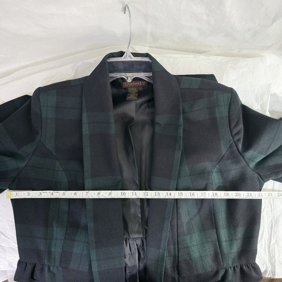 Chadwick Plaid Open Jacket Women Sz 14 Tartan Dark & Green Navy Belted Pleated - Picture 9 of 13